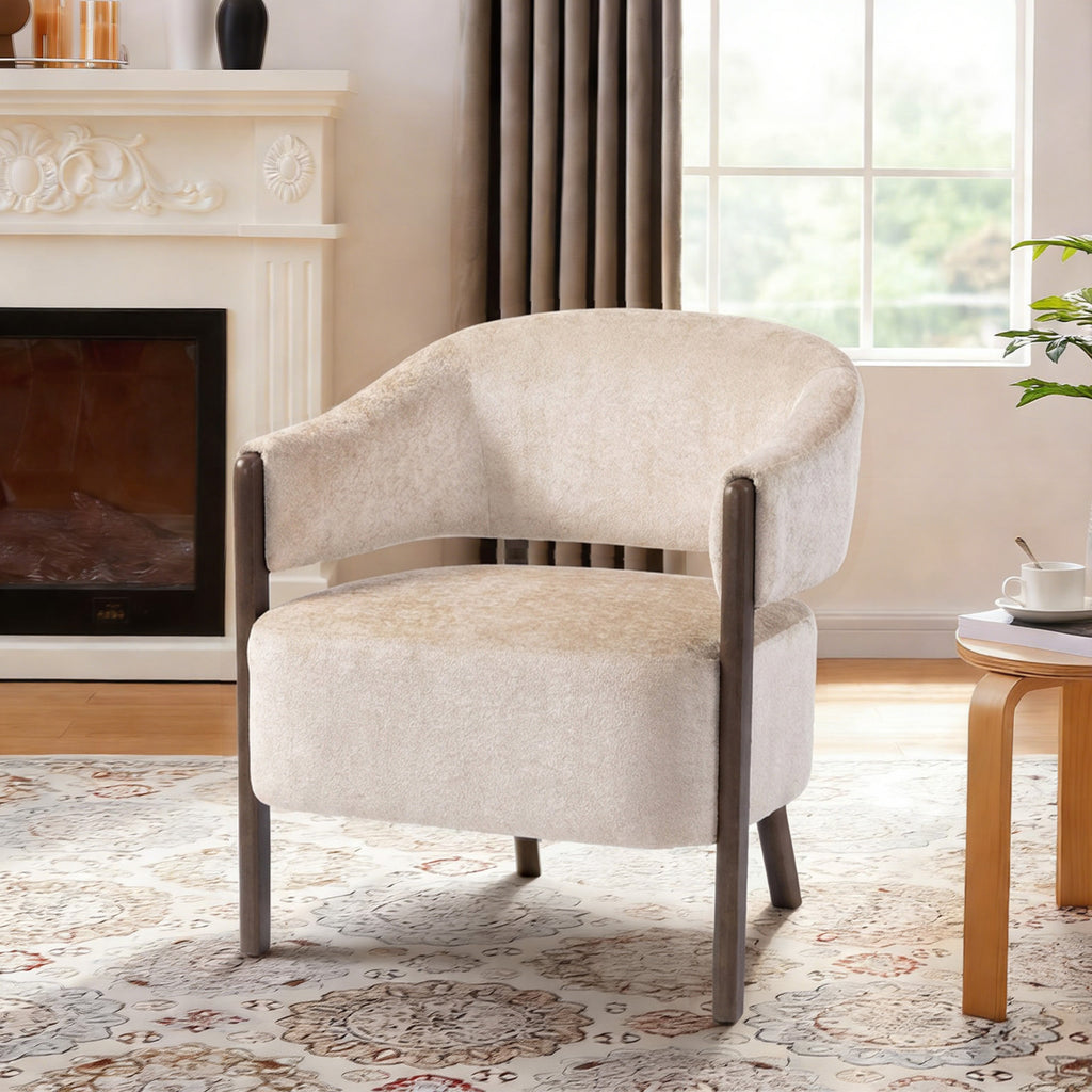 Akzentstuhl, Chenille-Polstersessel mit Massivholzrahmen und Beinen, Beige