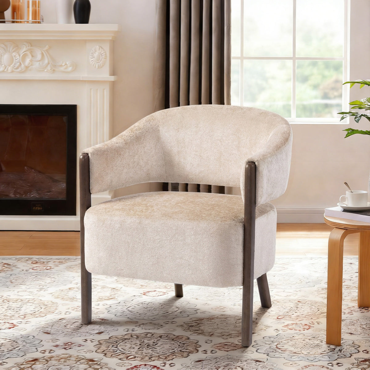 Akzentstuhl, Chenille-Polstersessel mit Massivholzrahmen und Beinen, Beige
