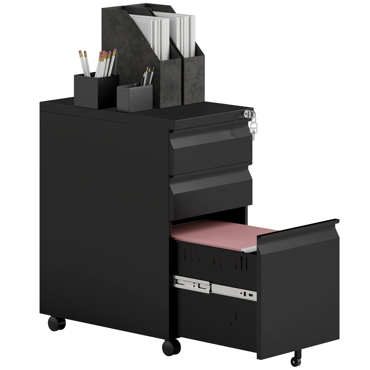 3-Drawer Steel Filing Cabinet with Lock and Wheels - Black