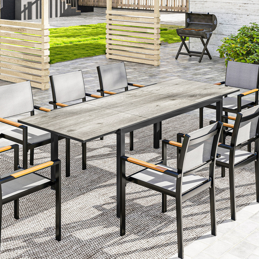 Ausziehbarer Esstisch für 6-8 Personen, Verstellbarer Outdoor-Tisch aus Aluminium, Stahl, Kunststoff, Holzoptik, Grau
