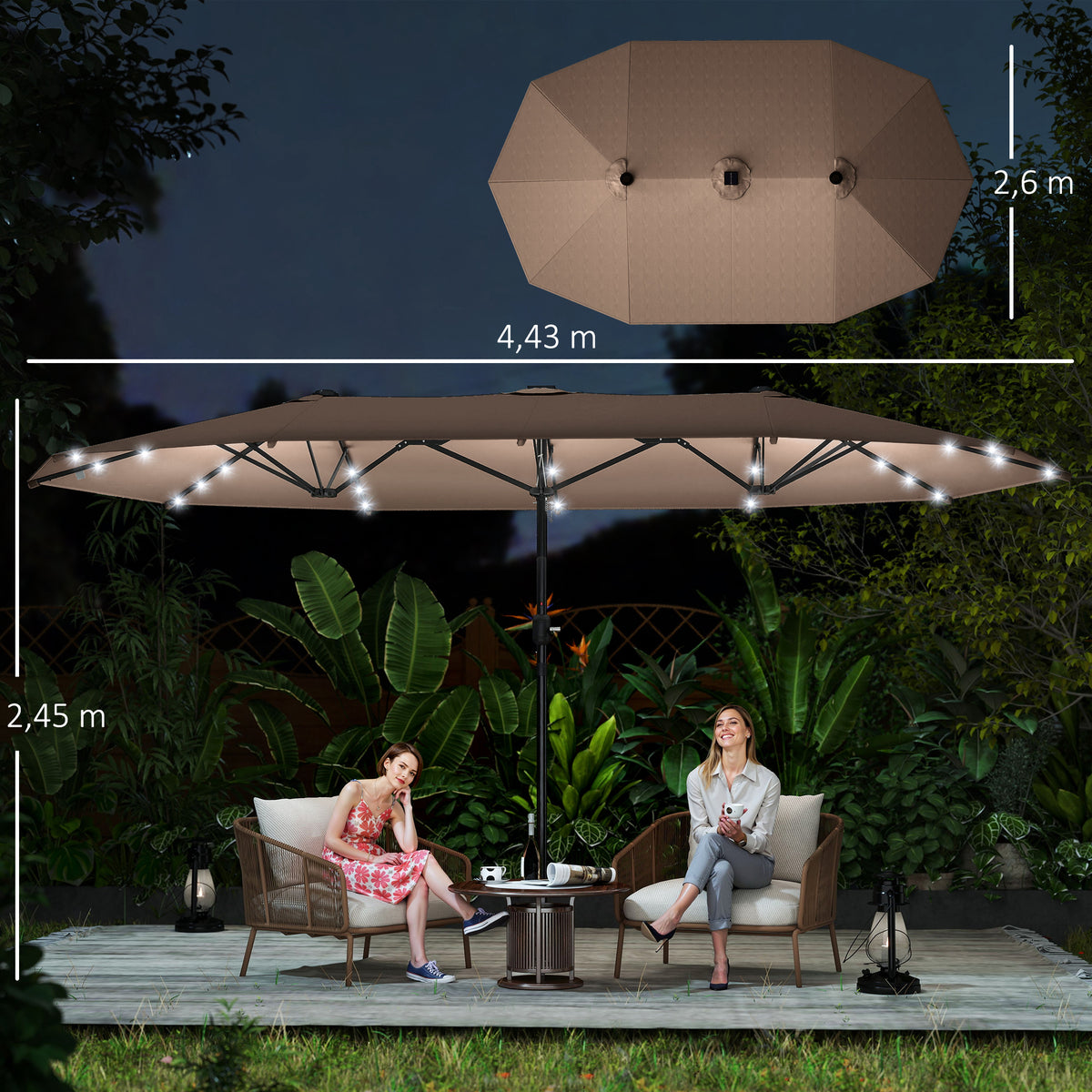  Garden Parasol 4.4m Double-Sided Sun Umbrella Patio Parasol LED Solar Lights Khaki