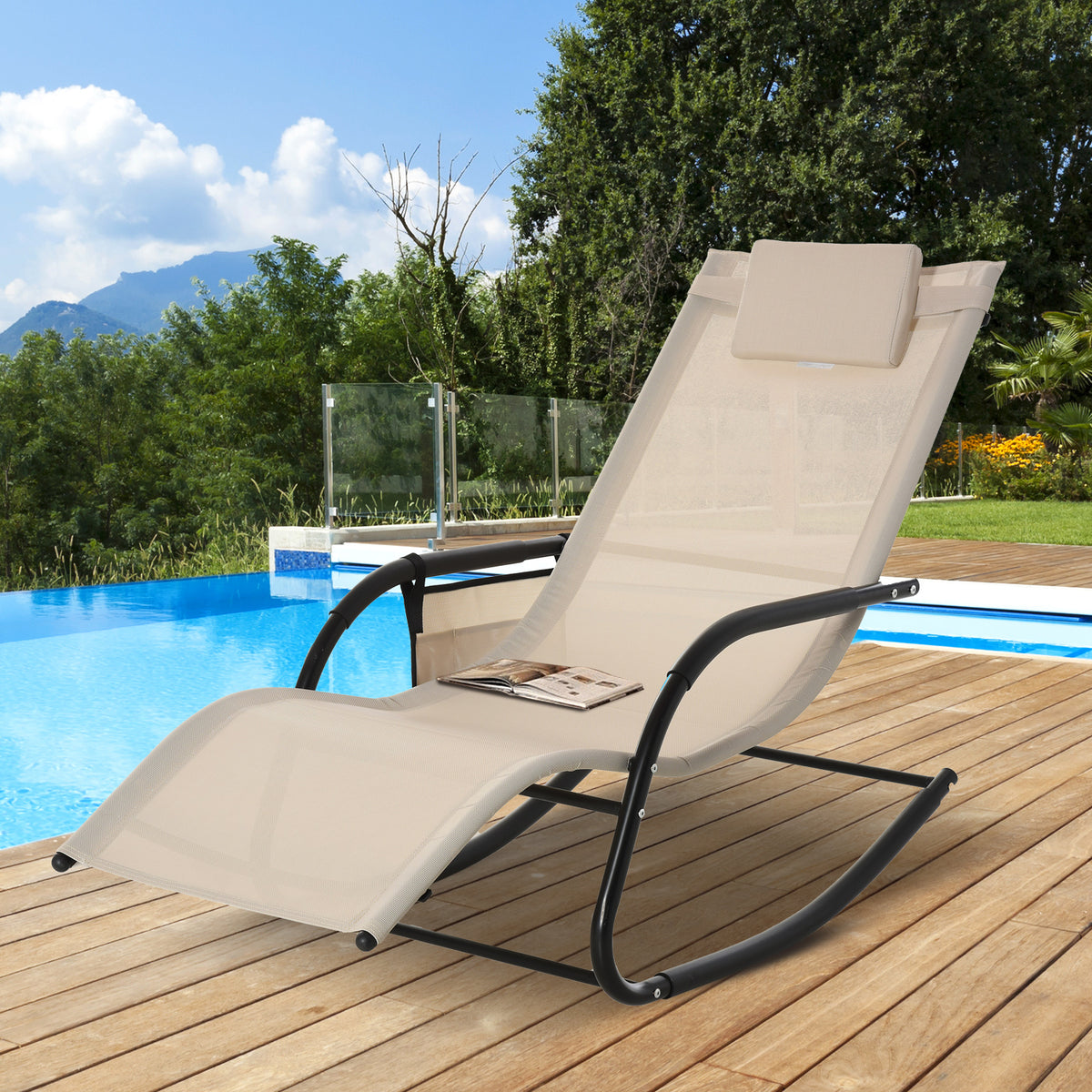 Schaukelstuhl Schwingsessel Gartenstuh Schaukelliege Metall Mesh Beige 150 x 62 x 88 cm