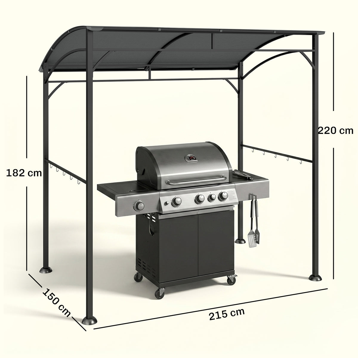 Grillpavillon, Grillüberdachung, Regenschutz, Haken für Utensilien, Stahlrahmen, Dunkelgrau, 215 x 150 x 182/220 cm