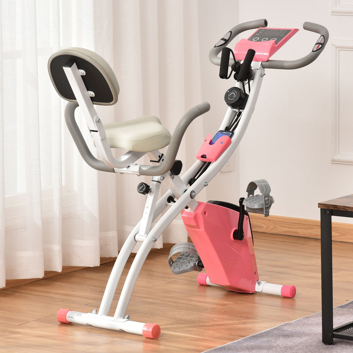 2-in-1 Folding Exercise Bike with 8-Level Magnetic Resistance, Arm Resistance Band, Pulse Sensor, Pink
