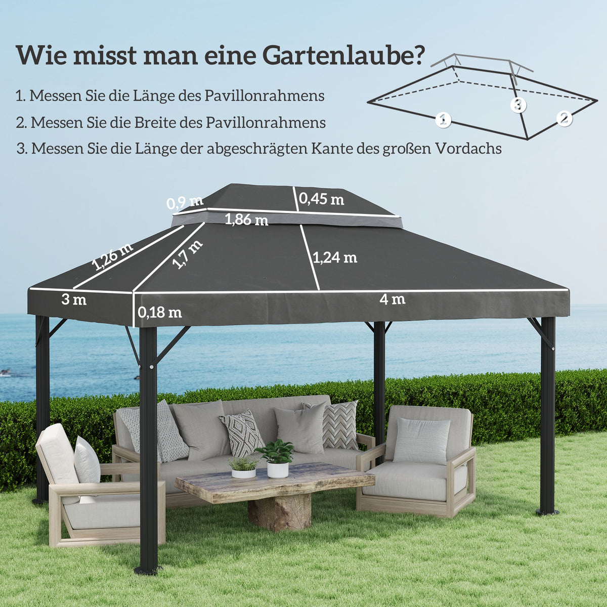 Pavillon-Ersatzdach, 3 x 4 m, Ersatzplane mit Wasserablauf-Öffnungen, Polyester, Sonnenschutz, UPF30+, Dunkelgrau