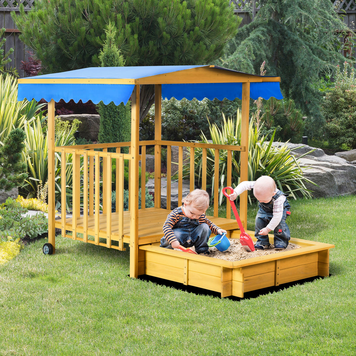 Sandkasten Sandkasten mit Spielhaus Sandkasten mit Dach, 133 x 129 x 137, 5 cm, Natur + Blau