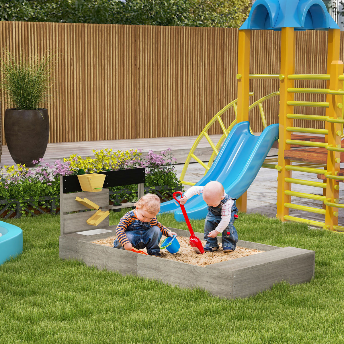 Wooden Sand Pit with Liner, Pretend Hobs, Planting Boxes, Two Seats, for Ages 3-7 Years - Grey