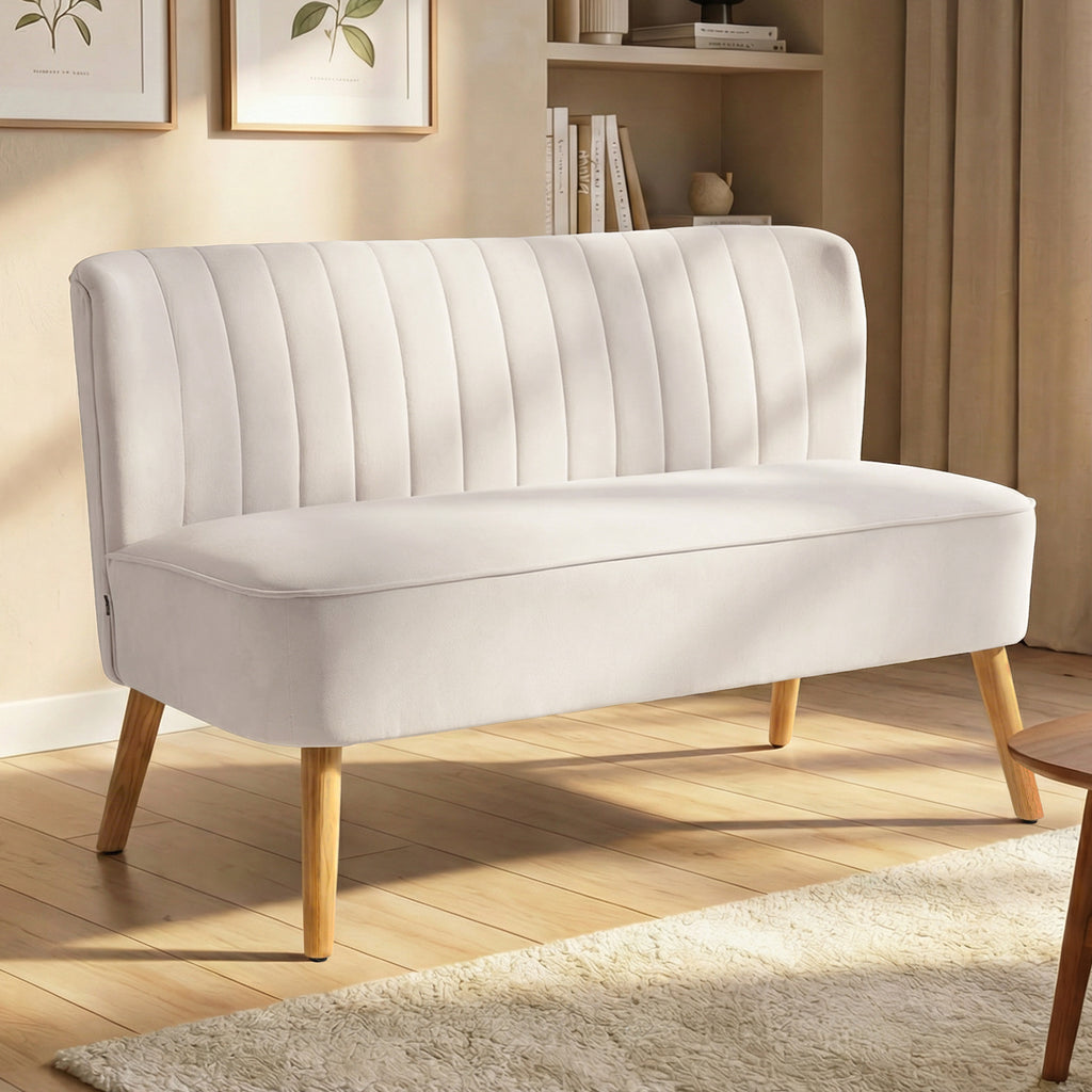 Sofa Retrodesign 2-Sitzer-Sofa, Holzbeine, 117 cm x 56,5 cm x 77 cm, Cremeweiß