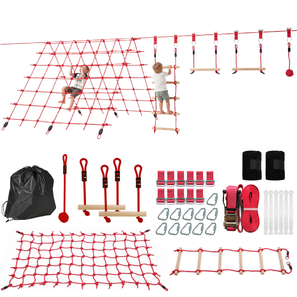 Ninja Line Kinder 10m Slackline Set mit Turnringe Schaukel Kletterleiter Kletternetz für 3-6 Jahre 1000x300x180 cm Rot
