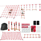 Ninja Line Kinder 10m Slackline Set mit Turnringe Schaukel Kletterleiter Kletternetz für 3-6 Jahre 1000x300x180 cm Rot