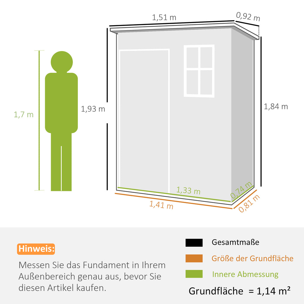 Gerätehaus Kunststoff 1,14m² 151 x 92 x 193cm Geräteschuppen mit Pultdach Boden Fenster Grau