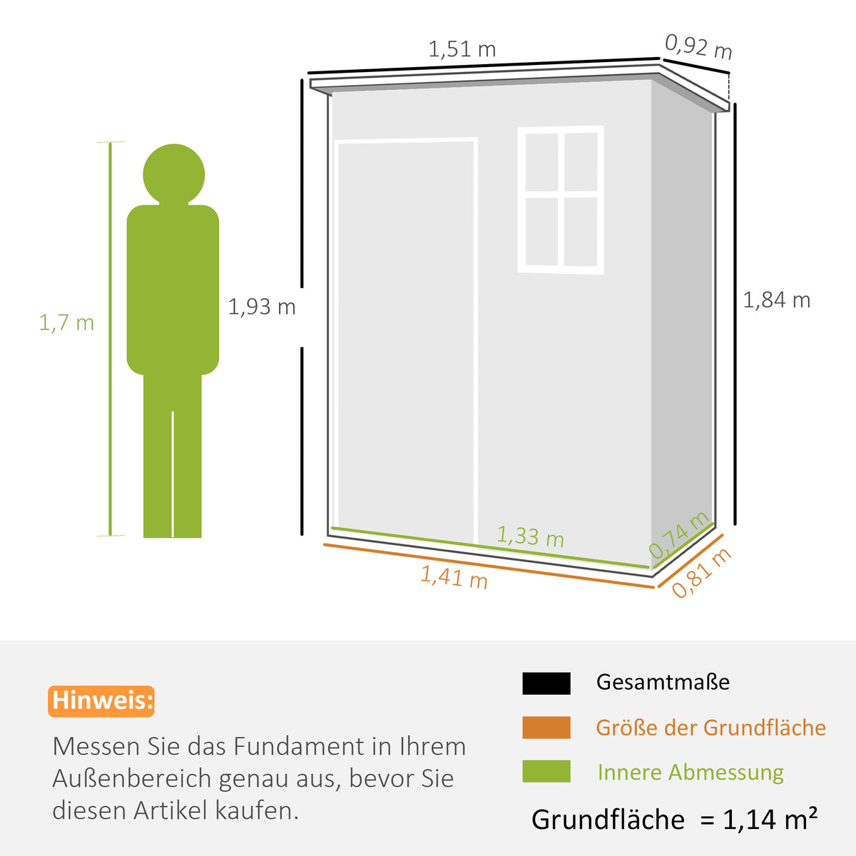 Gerätehaus Kunststoff 1,14m² 151 x 92 x 193cm Geräteschuppen mit Pultdach Boden Fenster Grau