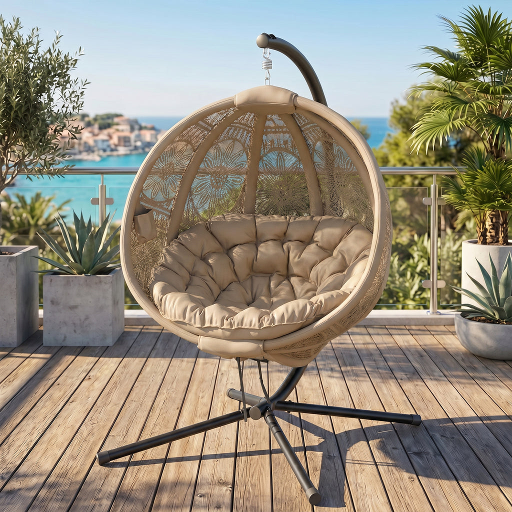 Hängesessel Gartensessel Korbsessel, Boho-Stil, 116 x 125 x 176 cm, Sand + Schwarz