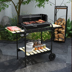 Holzkohlegrill aus Metall BBQ Smoker mit Räder, höheverstellbar Grillrost, Holzablage 103x47x95 cm Schwarz