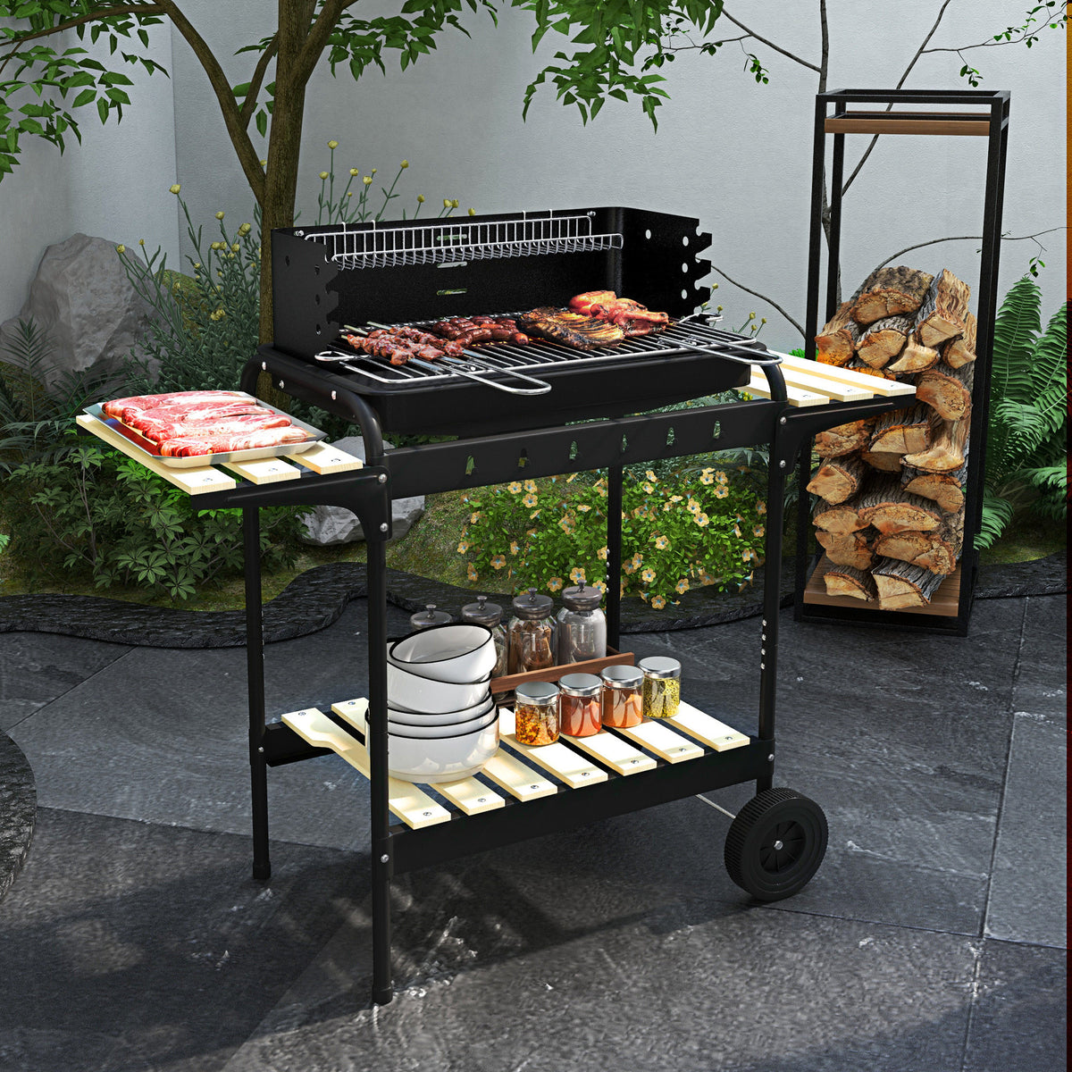 Holzkohlegrill aus Metall BBQ Smoker mit Räder, höheverstellbar Grillrost, Holzablage 103x47x95 cm Schwarz