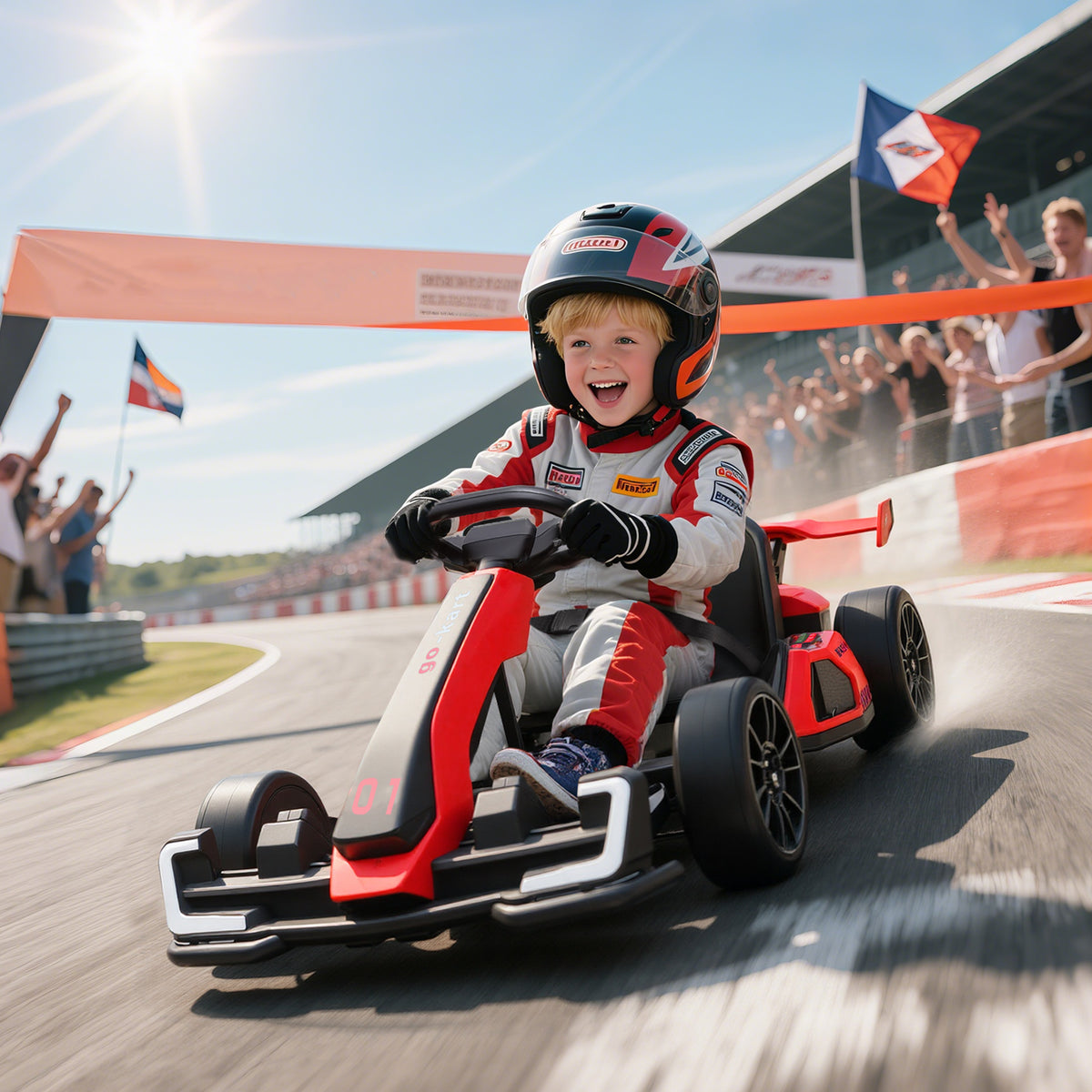 Go-Kart f¨¹r Kinder, Elektro-Kart mit Hupe und Musikfunktion, verstellbarer Sitz, bis 12 km/h, Kunststoff, Metall, Rot
