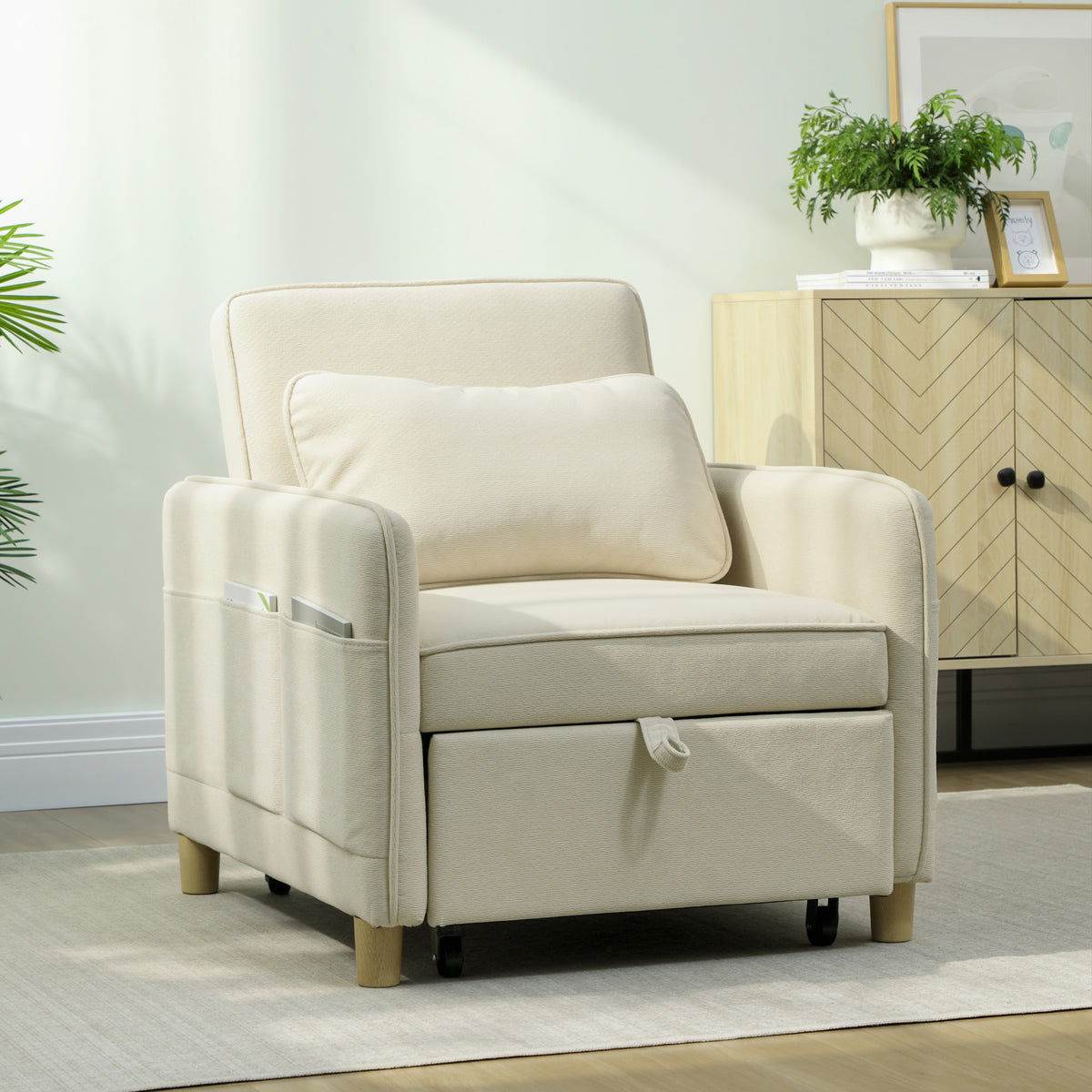 Schlafsessel 3 in 1 Umwandelbarer Sessel mit Bettfunktion, Breiter Sitzfläche für Wohnzimmer, Beige