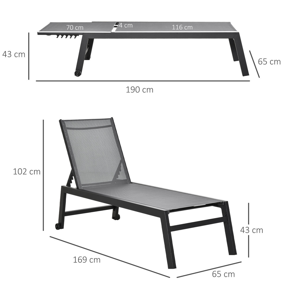 Sonnenliege, Gartenliege, 5-stufige Rückenlehne, Aluminium, Grau, 202 x 65 x 43 cm