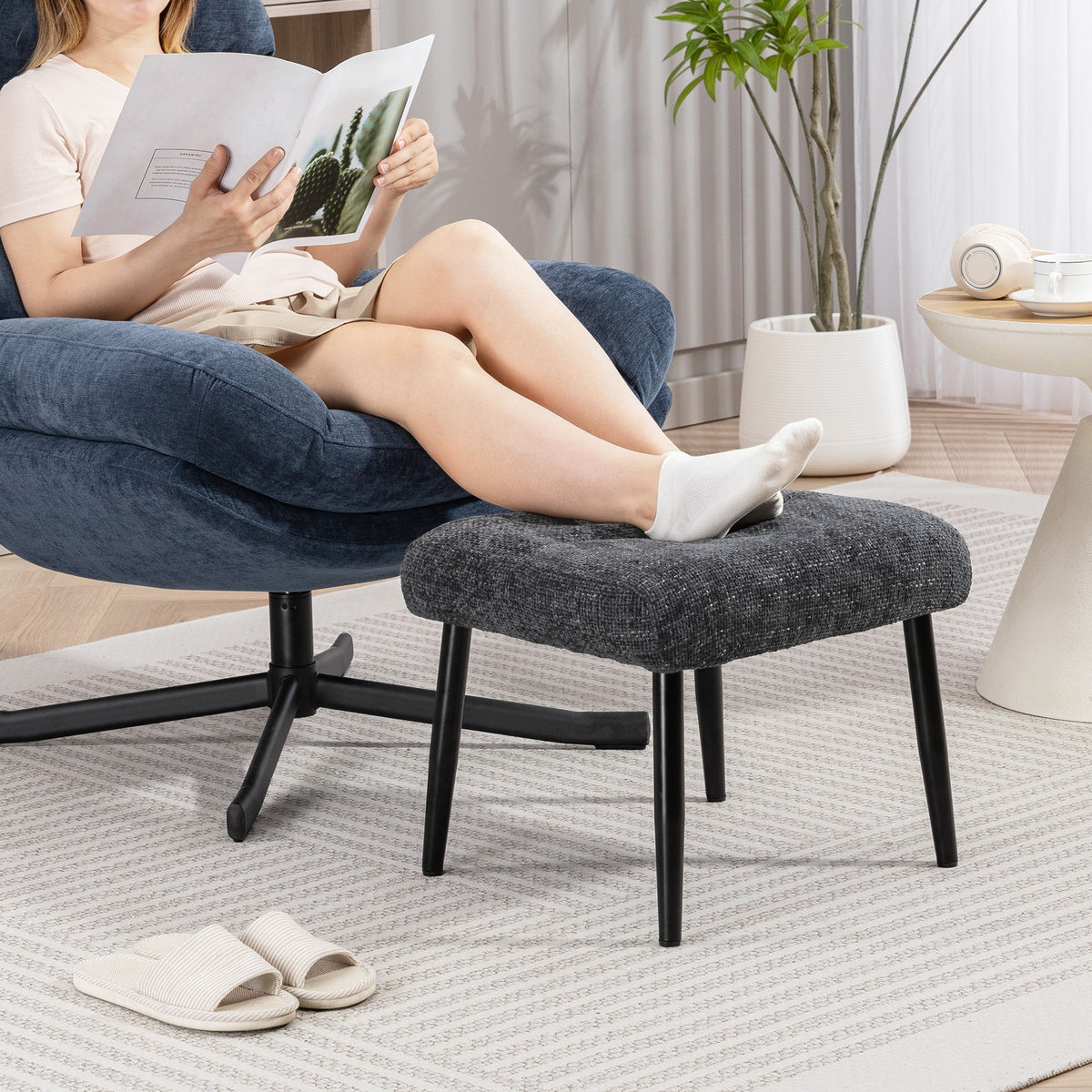 Sitzhocker Hocker mit weichem Sitzkissen Stahlbeinen Fu?hocker mit Chenille-Stoff, 45 x 41 x 38 cm, Dunkelgrau