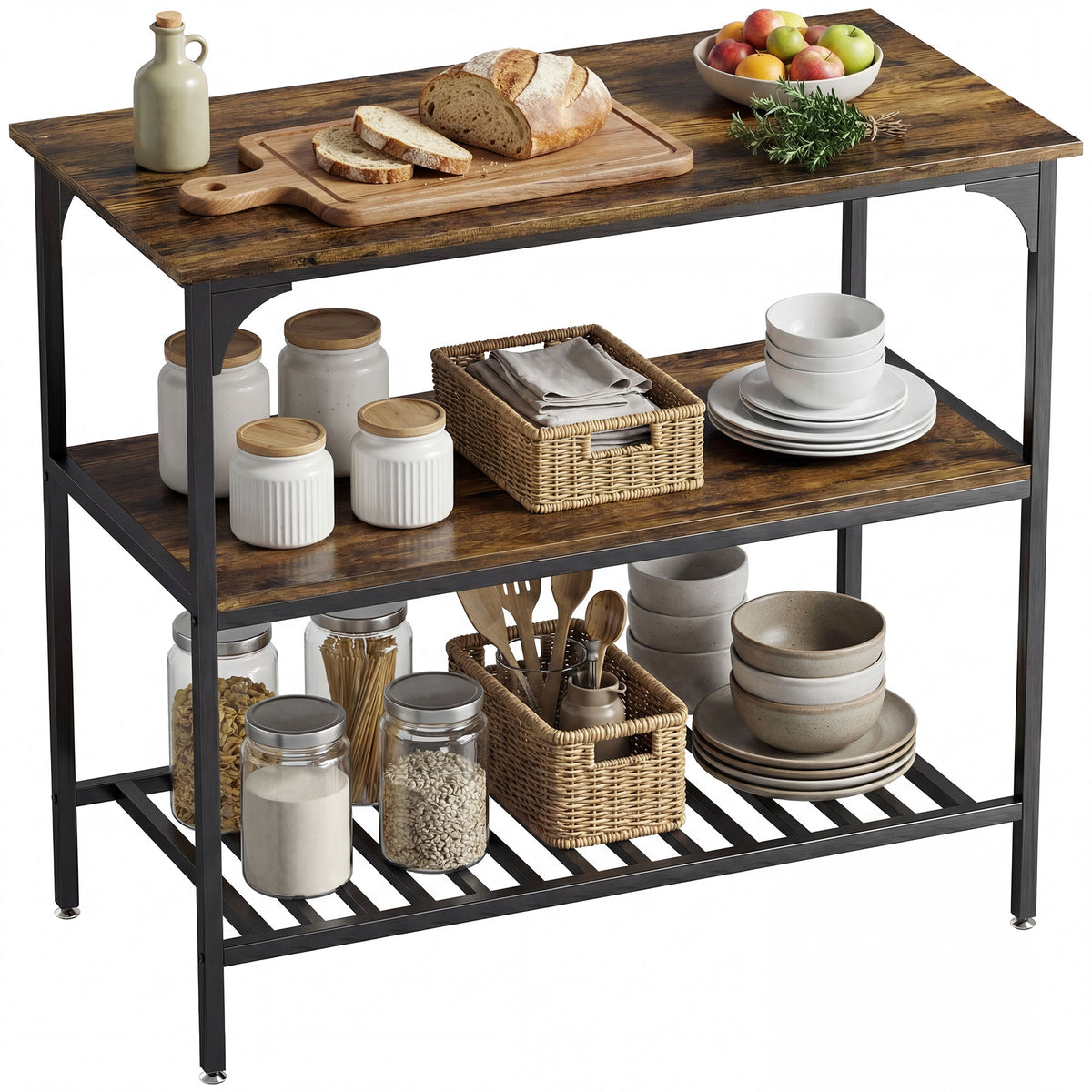 B?ckerregal, 3-stufiges K¨¹chenregal mit Stahlrahmen, Rustikales Braun+Schwarz