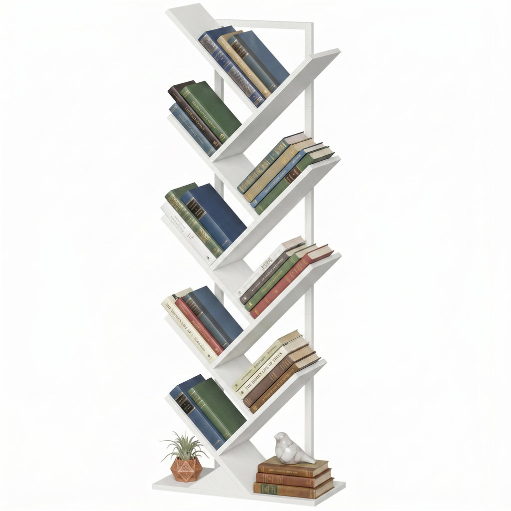 9-stufiges Baum-Bücherregal, freistehendes industrielles Bücherregal mit Stahlrahmen, Aufbewahrungseinheit für CDs, DVDs, Weiß