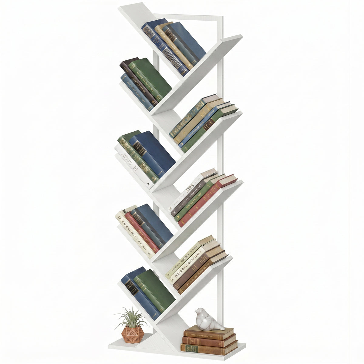 9-stufiges Baum-Bücherregal, freistehendes industrielles Bücherregal mit Stahlrahmen, Aufbewahrungseinheit für CDs, DVDs, Weiß