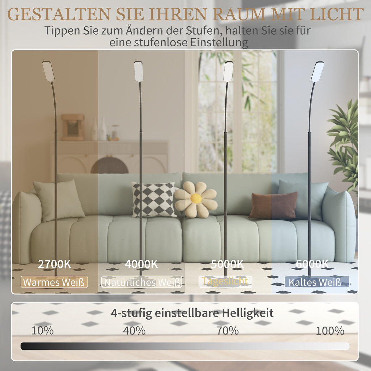 LED Stehlampe Dimmbar, Fernbedienung, 360° Schwanenhals, Schwarz