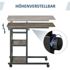 C-Shaped Side Table Industrial Mobile Rolling End Desk with 3-Tier Storage Shelving, Adjustable Height, Wheels