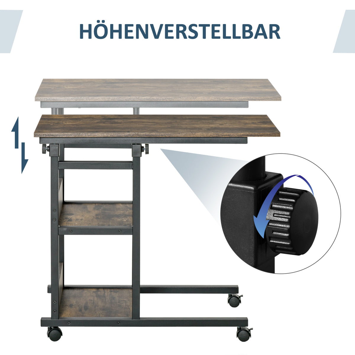 C-Shaped Side Table Industrial Mobile Rolling End Desk with 3-Tier Storage Shelving, Adjustable Height, Wheels