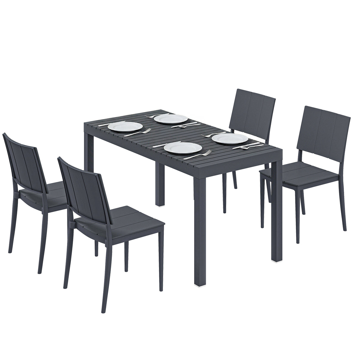 Gartenmöbel Set Sitzgruppe 5-teilig Breiter Tisch mit 4 Stapelstühlen Lamelldesign für 4 Personen Dunkelgrau