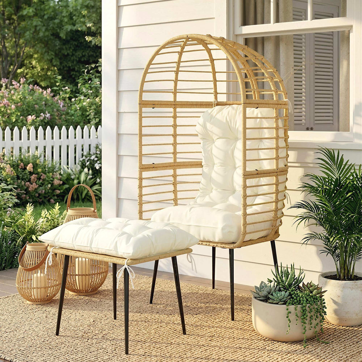 Gartensessel mit Hocker PE Rattan Ei-Form Korbsessel mit langen & dicken Kissen Metallrahmen Beige