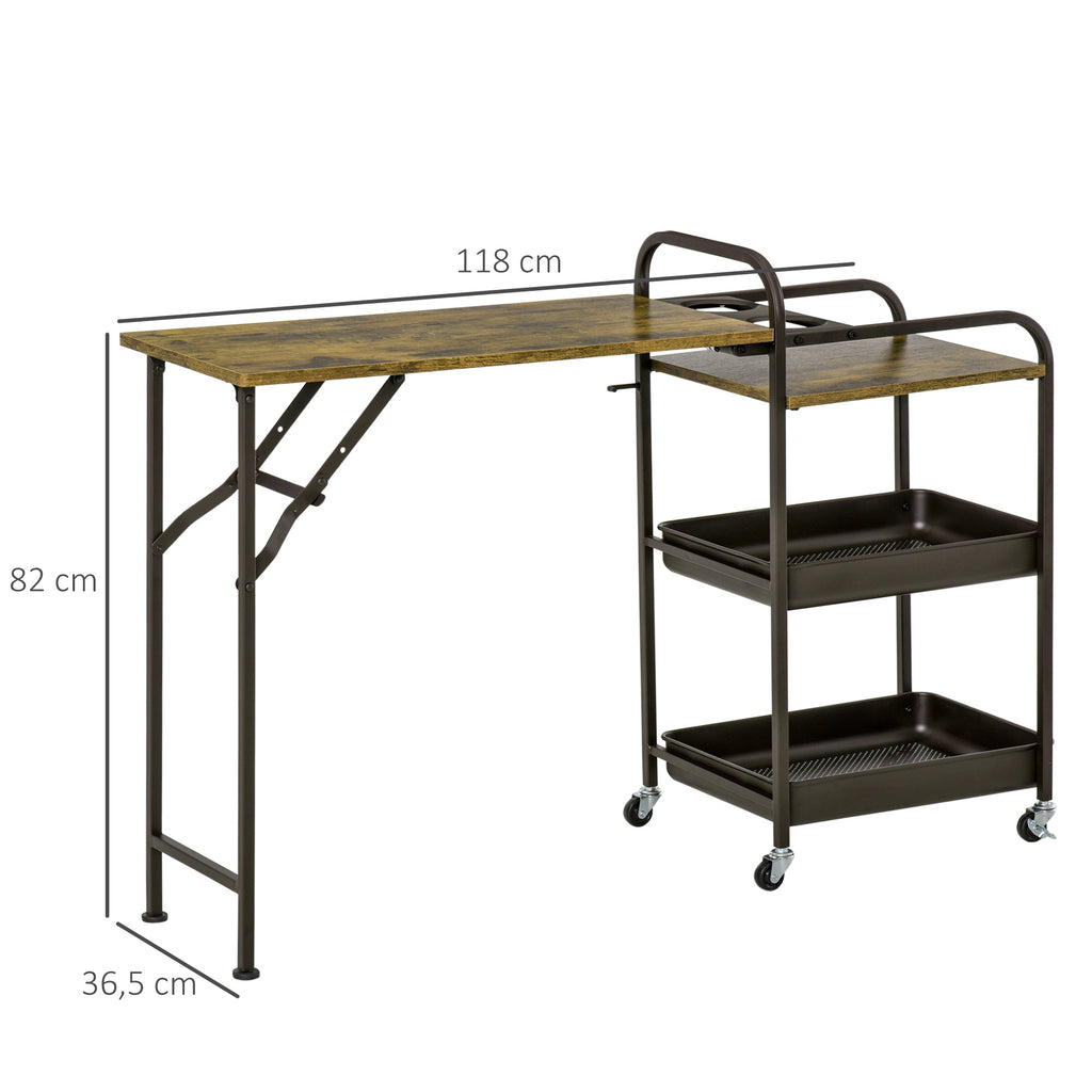 Küchenwagen Küchenrollwagen Servierwagen mit 1 klappbaren Tischplatte 2 Tabletts und 1 offenes Regal Rollen Verstellbare Fußpolster E1-Spanplatte Metall Rustikal-Braun 118 x 36,5 x 82 cm