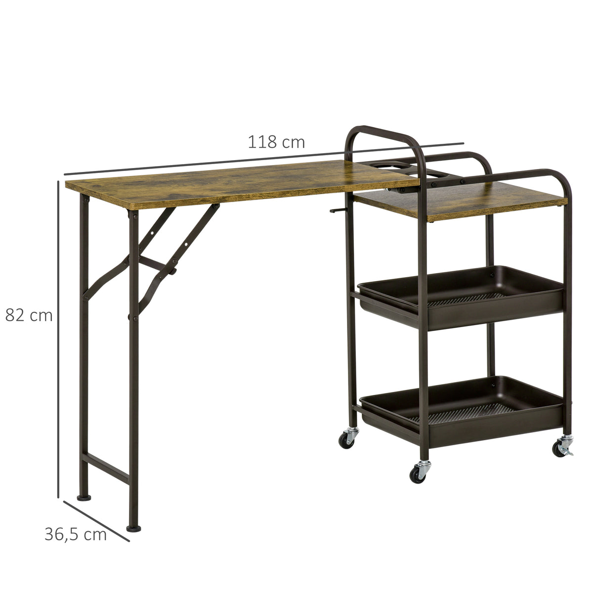 Küchenwagen Küchenrollwagen Servierwagen mit 1 klappbaren Tischplatte 2 Tabletts und 1 offenes Regal Rollen Verstellbare Fußpolster E1-Spanplatte Metall Rustikal-Braun 118 x 36,5 x 82 cm