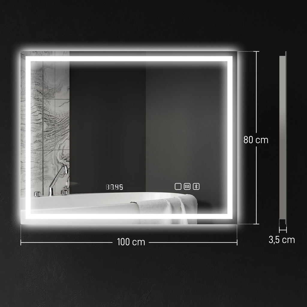 Badspiegel mit Beleuchtung 100x80 cm LED Spiegel Uhr Silber
