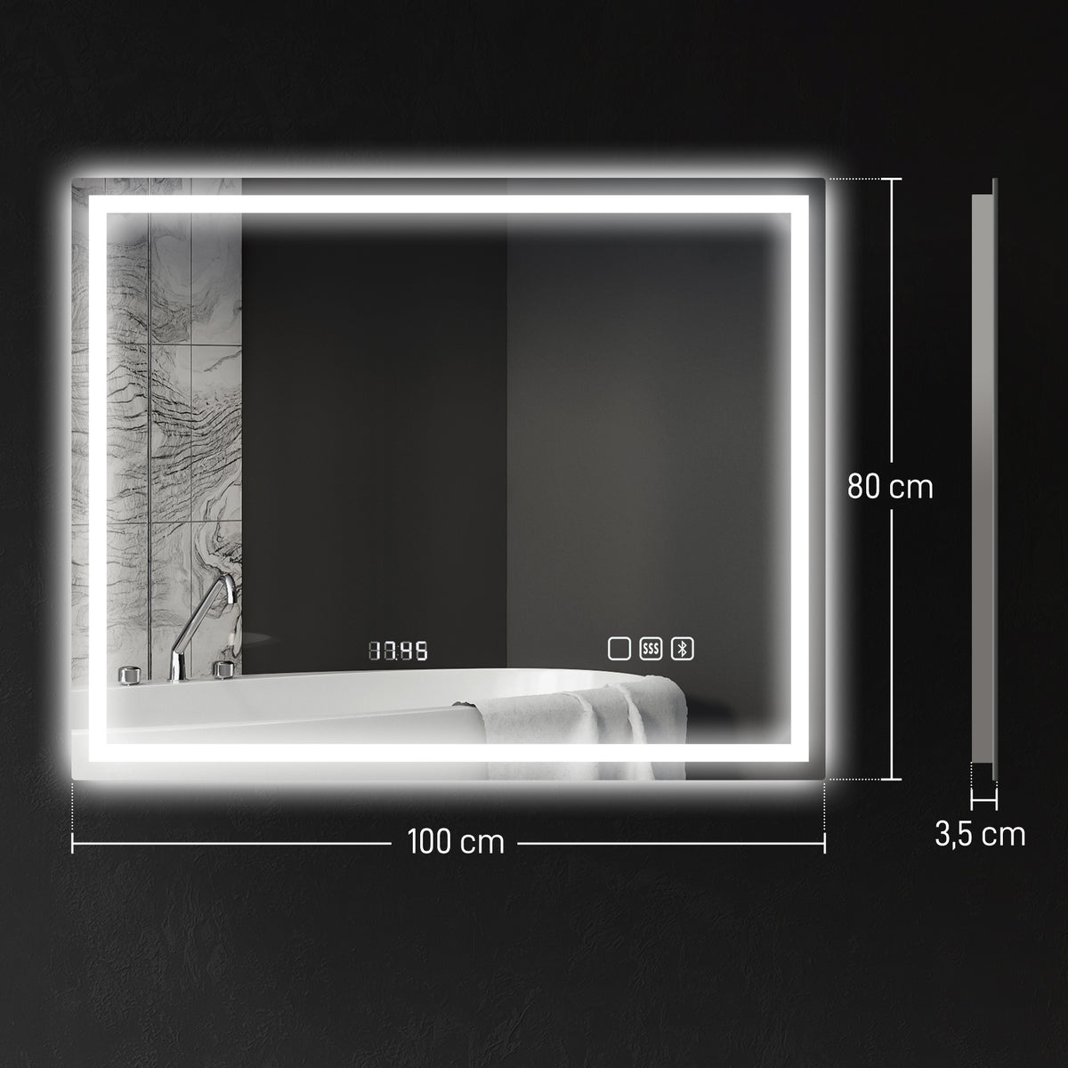 Badspiegel mit Beleuchtung 100x80 cm LED Spiegel Uhr Silber