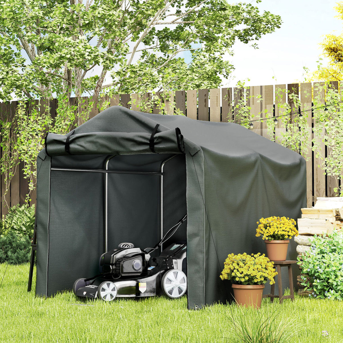 2.2 x 1.6 m Garden Storage Tent, Waterproof Anti-UV Bike Tent with Roll-up Zipper Door, Galvanised Outdoor Storage Shelter Carport for Bike, Motorbike, Garden Tools, Dark Grey