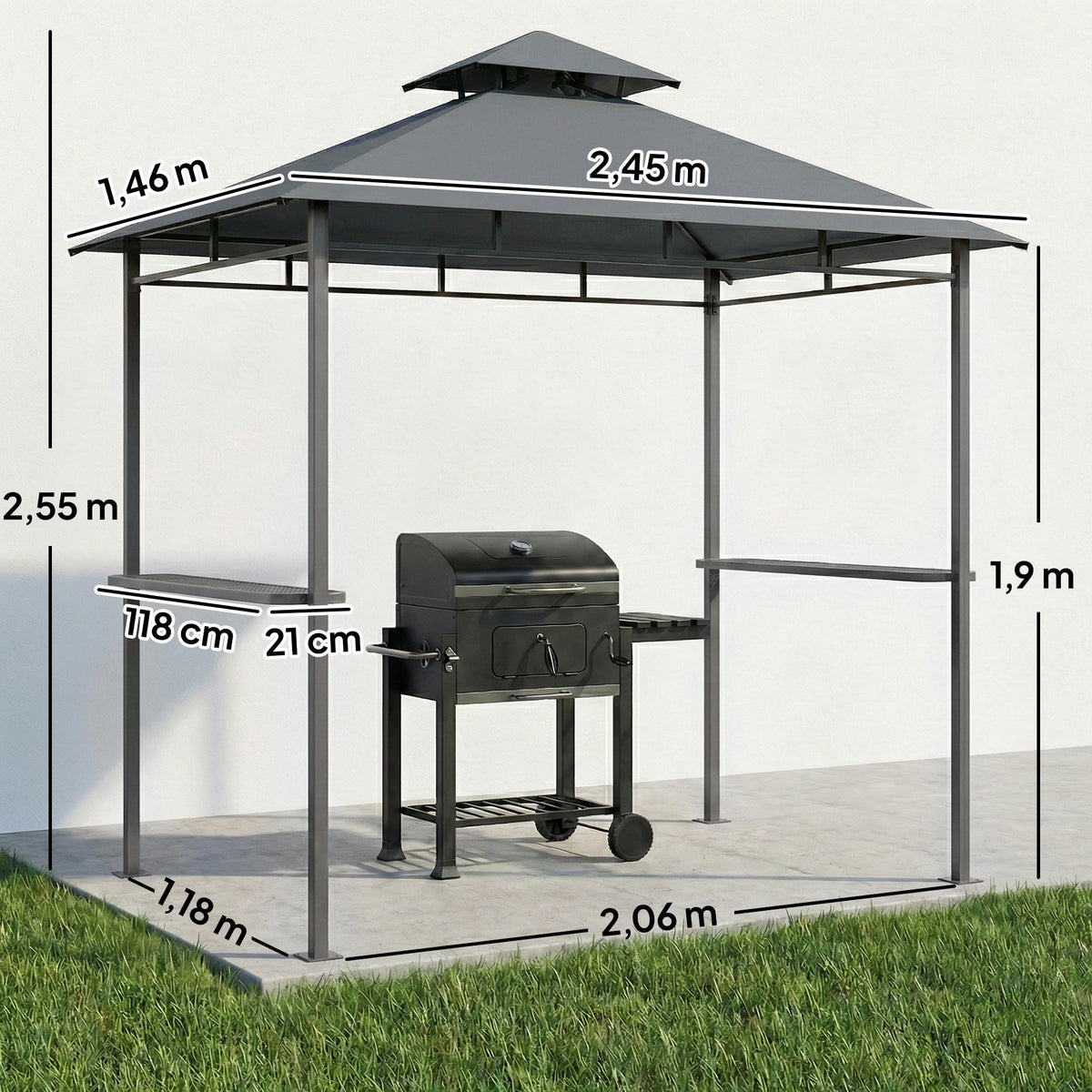 Grillpavillon 2,4 x 1,4 m, Windfest Grillüberdachung mit Doppeldach Lüftungsöffnung Seitenregalen