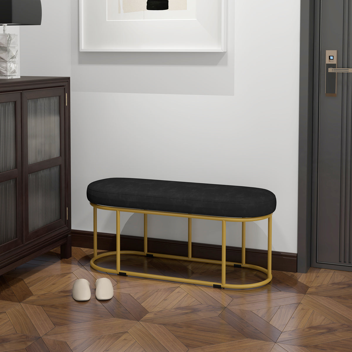 Schuhbank im Retrodesign, Bettbank, Flurbank, Samtoptik, bis 200 kg, Metallrahmen, schwarz, 100 x 37 x 43cm