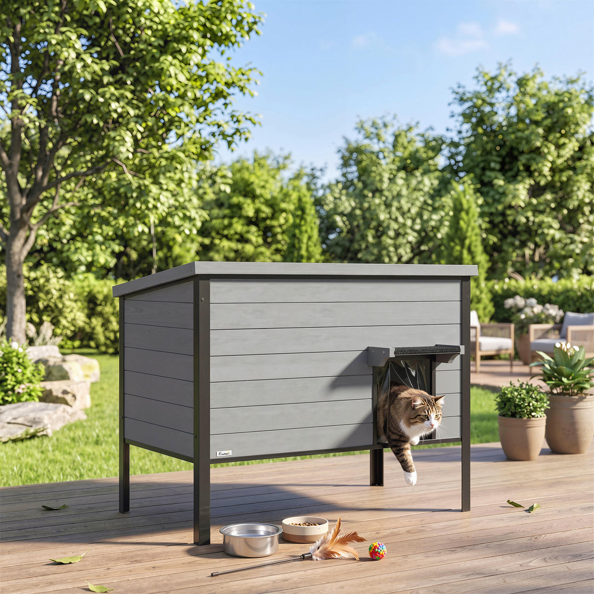 Wetterfest Katzenhaus mit aufklappbarem Dach herausnehmbarem Boden Eingang für 1-2 Katzen bis 12 kg 85x55x70 cm Hellgrau