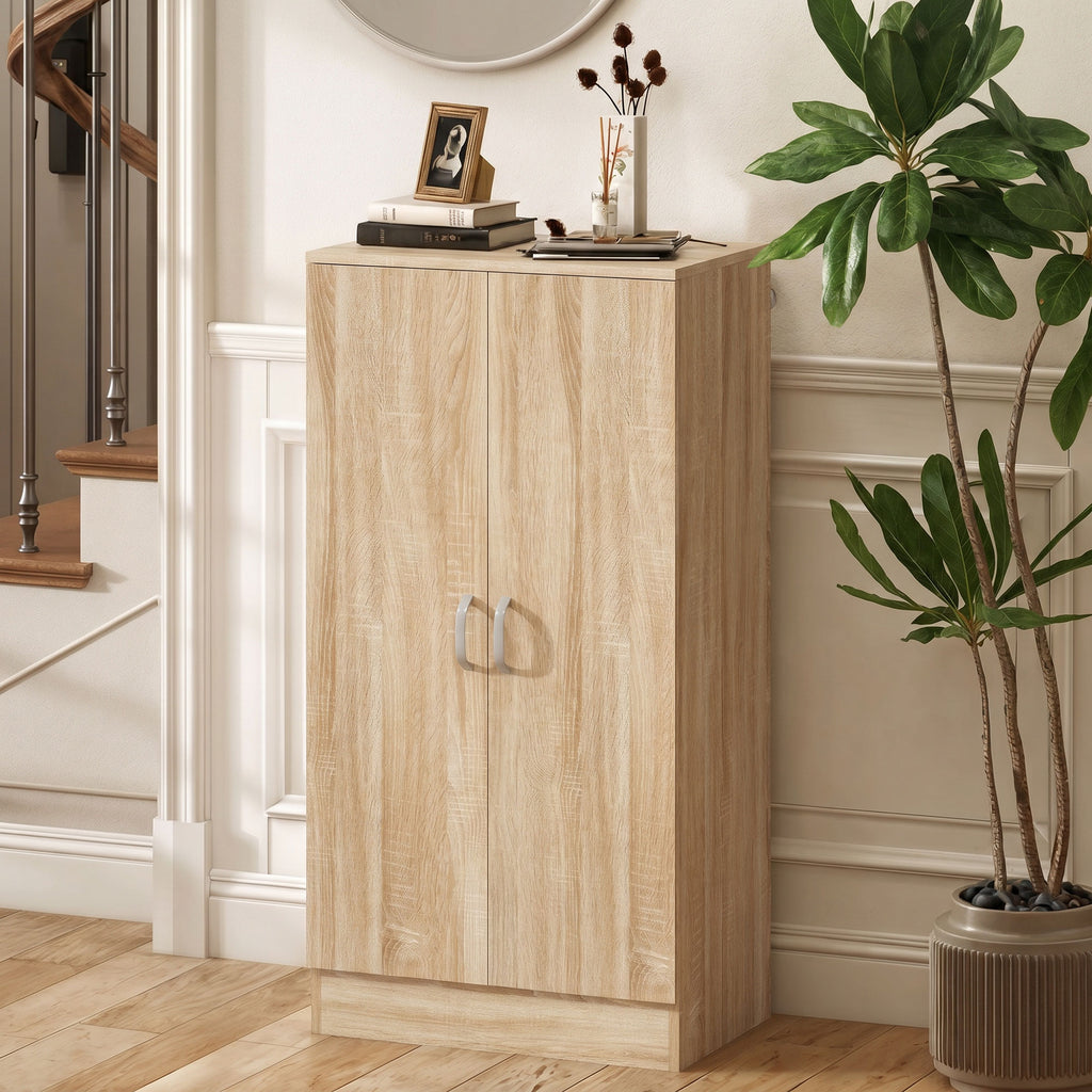 Schuhschrank mit 2 Türen, 6 verstellbare Regalböden, Soft-Close-Scharniere für 14 Paar Schuhe, Naturholz