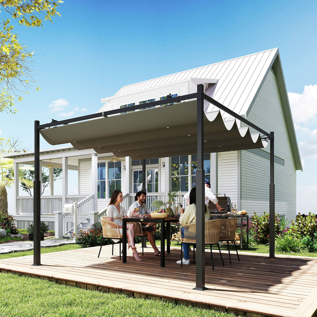 Pergola ca. 3x3 m Freistehend Terrassenüberdachung mit Schiebedach, magnetisches Pad, 8 cm Säule UV-beständig