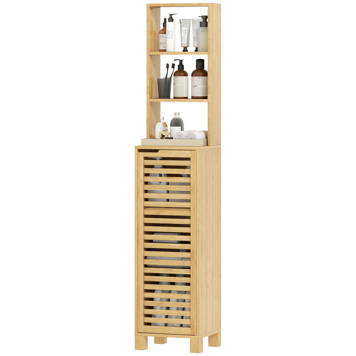 Badezimmerschrank schmal, Hochschrank mit 3 offenen Regalen, verstellbaren Regalen, Lamellent¨¹r, 34 x 30 x 170 cm Natur