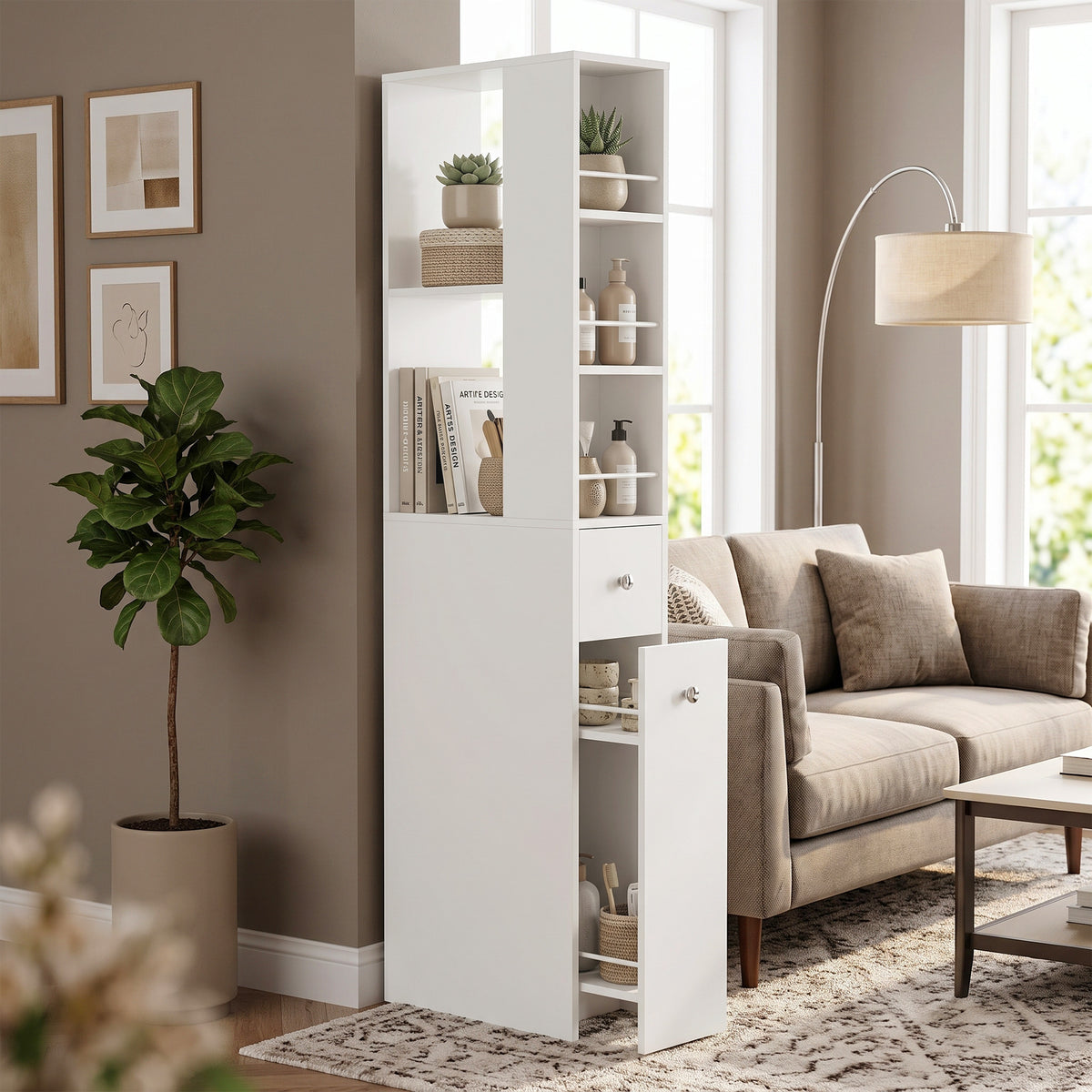 Schmaler hoher Badezimmerschrank, 135 cm Badschrank mit 2 Schubladen, weiß