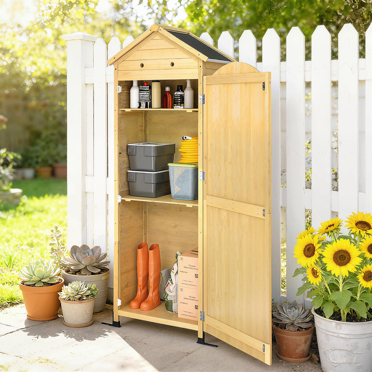 Gartenschrank Holz extra hohe Geräteschuppen mit verstellbar Ablage magnetisch Tür galvanisiert Dach Belüftung