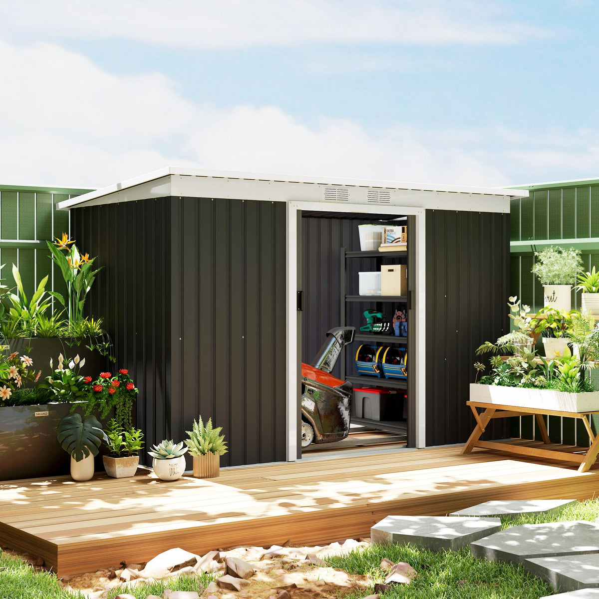 9ft x 4ft Metal Garden Shed, Waterproof Outdoor Bike Storage Shed Galvanised with Foundation Kit, Vents, Apex Roof and Lockable Double Doors for Patio Yard, Dark Grey