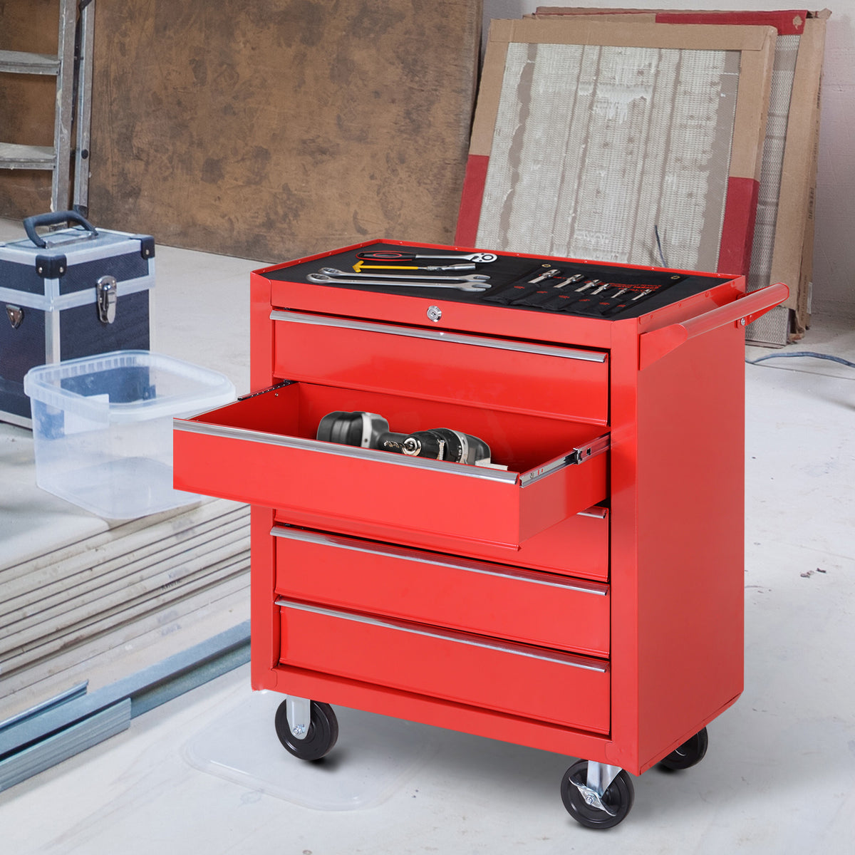 Rollschrank, Werkzeugschrank f¨¹r Garage, Schuppen, Stahl, 69L x 33B x 75H cm, Rot