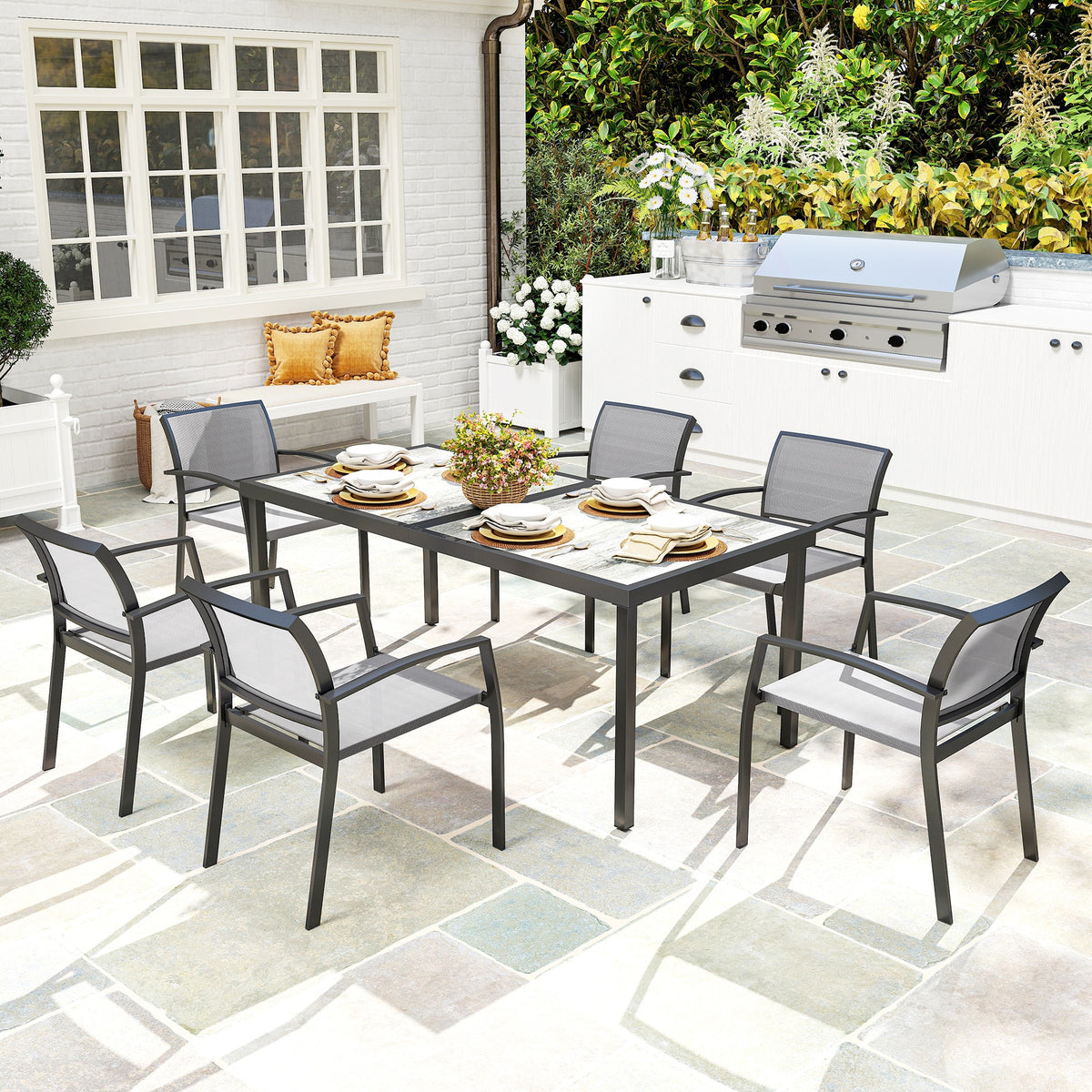 7-teiliges Ess-Set, 6 Stühle, 1 Tisch, stapelbar, leicht zu reinigen, Stahlrahmen, Gartenmöbel-Set, Grau