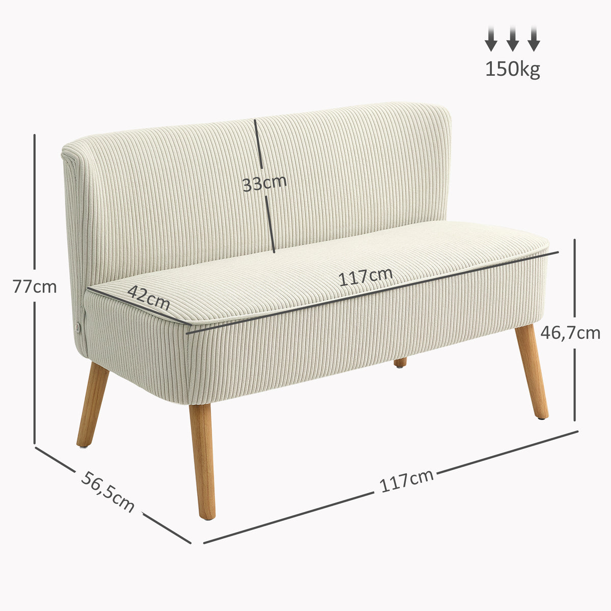 2-Sitzer Sofa, weiche Polsterung, pflegeleichter Bezug, bis 150 kg belastbar, 117 x 56,5 x 77 cm, Cremewei?