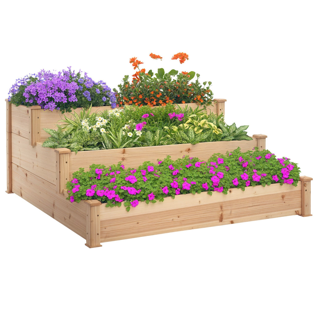 Hochbeet 3-stufige Gartenbeet Pflanzenbeet  Kräuterbeet Blumentreppe für Balkon Garten Natur Tannenholz 120 x 120 x 56 cm