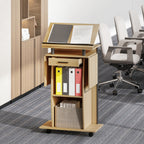 Rolling Podium Stand, Lectern with Folding Side Wings, Laptop Table with Drawer and Shelves, Oak Look